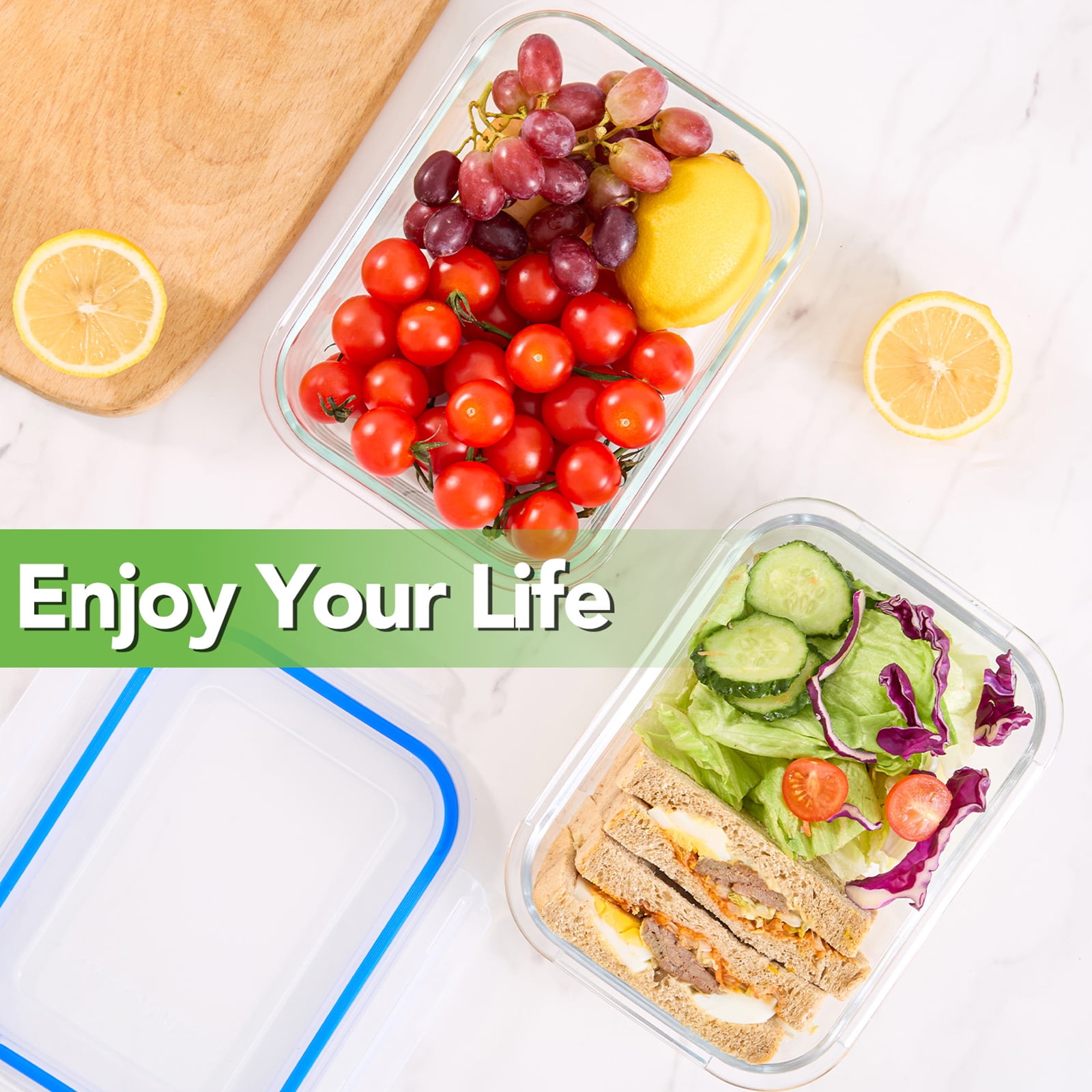 Asnews 8Pack Glass Food Storage Containers Set, Glass Meal Prep Containers with Lids, Airtight Bento Boxes, for Microwave, Oven, Freezer and Dishwasher Safe, Blue
