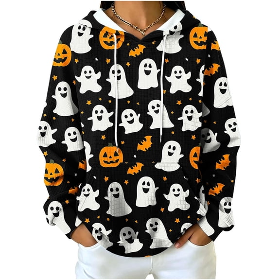 Qiopertar Halloween Hoodies for Women Cute Graphic Print Long Sleeve Crewneck Casual Party Fall Tops Loose Pullover, Black XXL