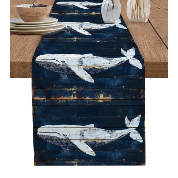 Ocean Blue Whale Table Runner 70 Inches, Summer Coastal Vintage Wooden Grain Bed Runner Dresser Scarves Tabletop for Indoor Outdoor Parties/Ceremony/Banquet, 13" x 70"