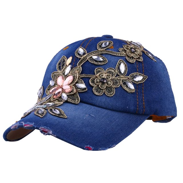 Women Hats Portable Adjustable Shiny Rhinestone Flower Embroidery Sunscreen Summer Cap Head Wear