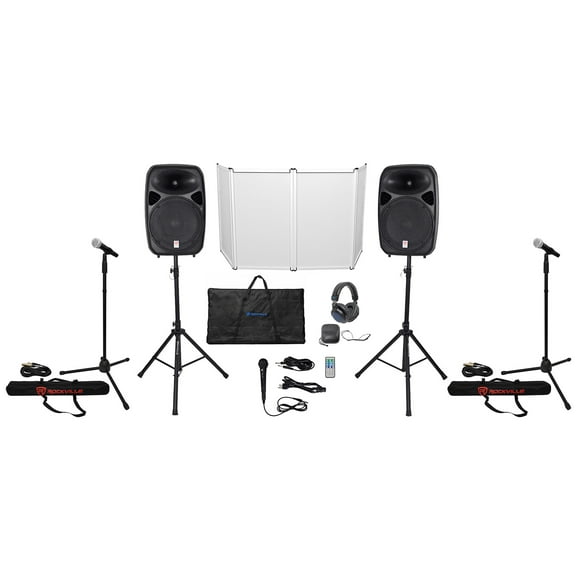 Rockville RPG152K (2) 15" PA DJ Bluetooth Speakers Mics Stands Headphones Facade