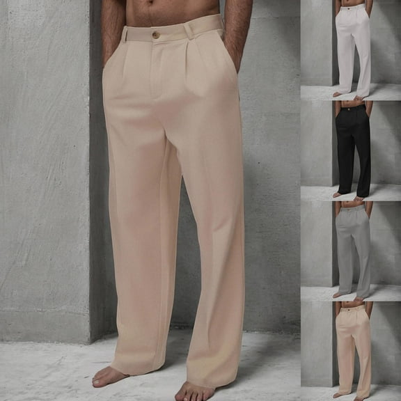 ibuvkizy Mens Dress Pants Straight Leg Pleat-Front Solid Casual Suit Pants Plain Multiple Zipper Button Pockets Outdoor Lounge Trouser Long,Sizes M-3XL