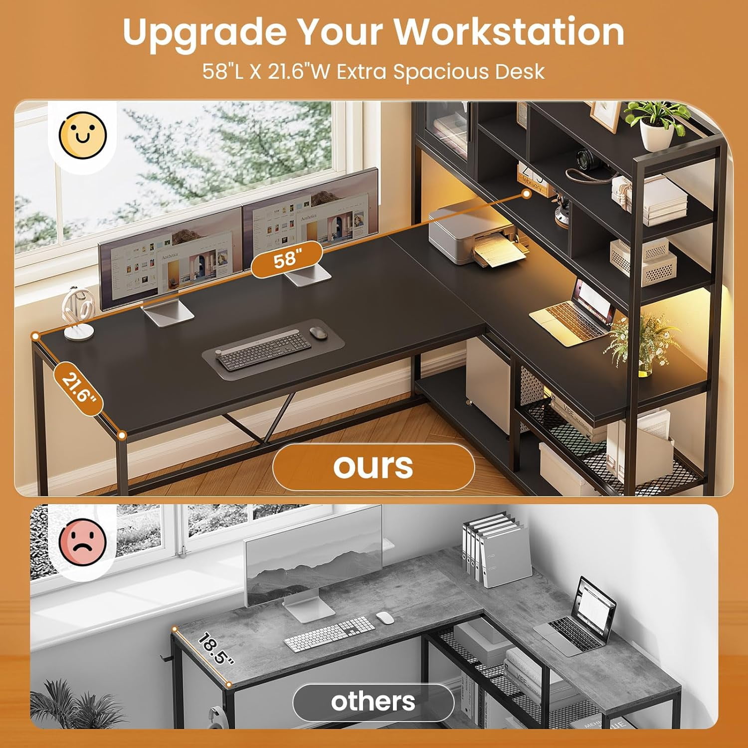 Reversible Gaming Desk with LED Lights & Hutch, L Shaped Computer Desk with 7-Tier Storage Shelves & Glass Cabinet, Black