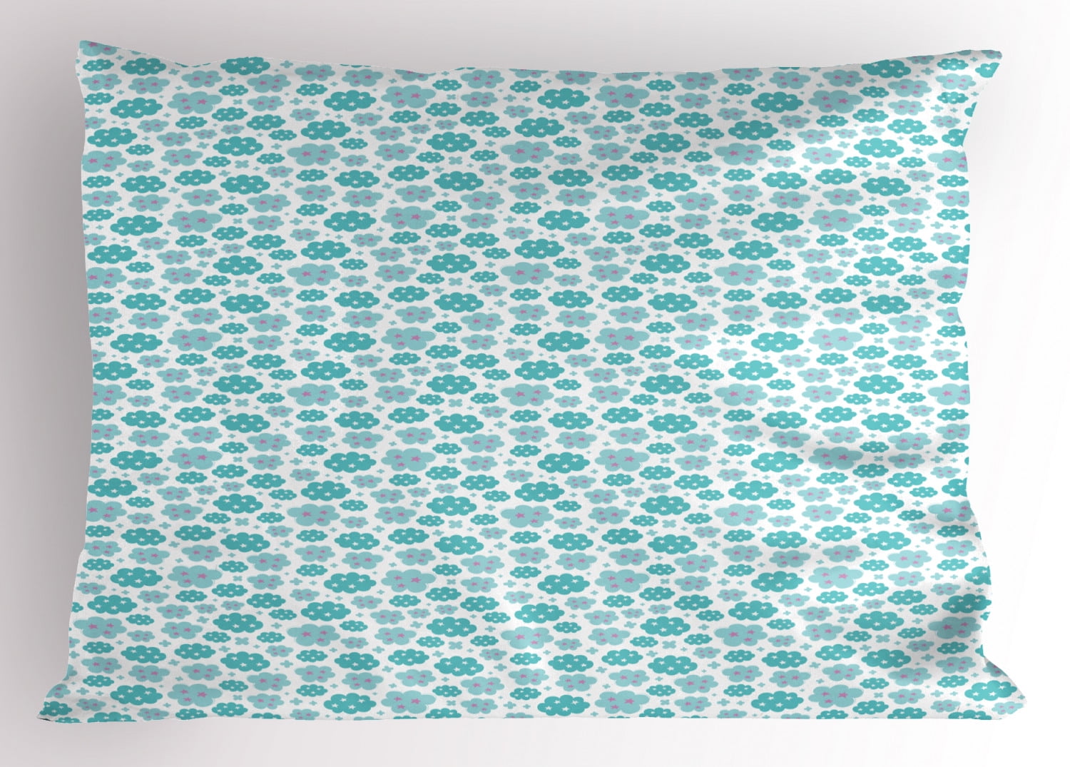 Stars Pillow Sham Abstract Clouds Pattern with Star Motifs Cartoon Style Weather, Decorative Standard Size Printed Pillowcase, 26 X 20 Inches, Seafoam Pale Sea Green Purple, by Ambesonne