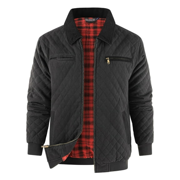 zfhfof Mens Quilted Jacket Thickened Flannel Plaid Lined Jackets Winter Warm Full Zip Up Laple Casual Windproof Padded Coats