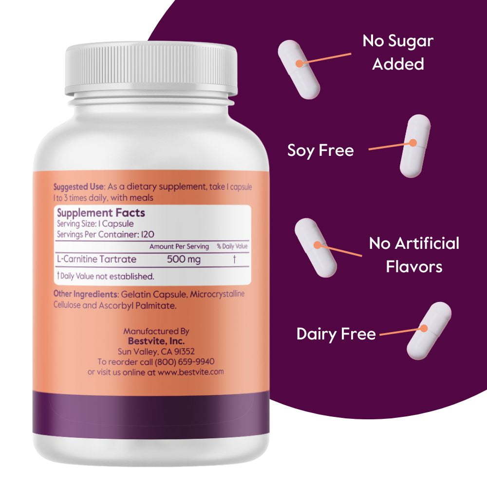 BESTVITE L-Carnitine Tartrate 500mg (120 Capsules) - No Stearates - Non GMO  - Gluten Free
