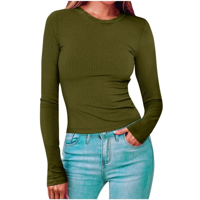 Dagugfen Chandails pour Femmes Manches Longues Col Rond Côtelé Ajusté Tricoté Couche de Base Confortable Hauts Thermiques Décontractés
