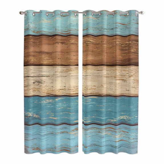 Kitchen Curtains 84 Inch Length 2 Panels, Farmhouse Light Blue Brown Grommets Window Treatment Curtain, Vintage Wooden Striped Thermal Curtains Drapes for Living Room/Bathroom