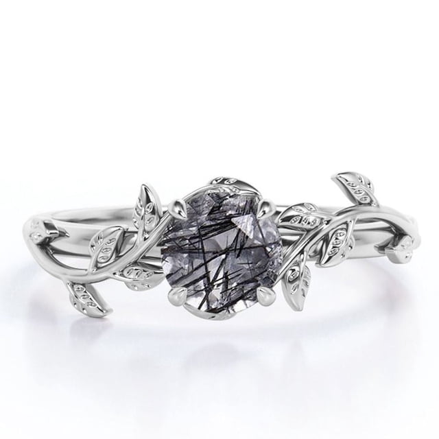 JeenMata Anillo de Compromiso Solitario de Cuarzo Rutilado Negro Natural de Forma Redonda de 0,50 Quilates con Baño de Oro Blanco de 18 K sobre Plata Inspirado en la Naturaleza