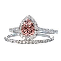 2 Carat Pear Cut Real Morganite Halo Bridal Set on Sterling Silver 18k Gold Plating