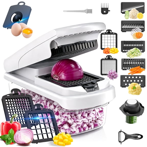 Kisportee Vegetable Chopper, 15 in 1 Food Slicer, Multi-function Food Chopper with 7 Blades, Cheese Grater, Large Container, Kitchen Gadgets for Onion, Cheese, Vegetable(White)