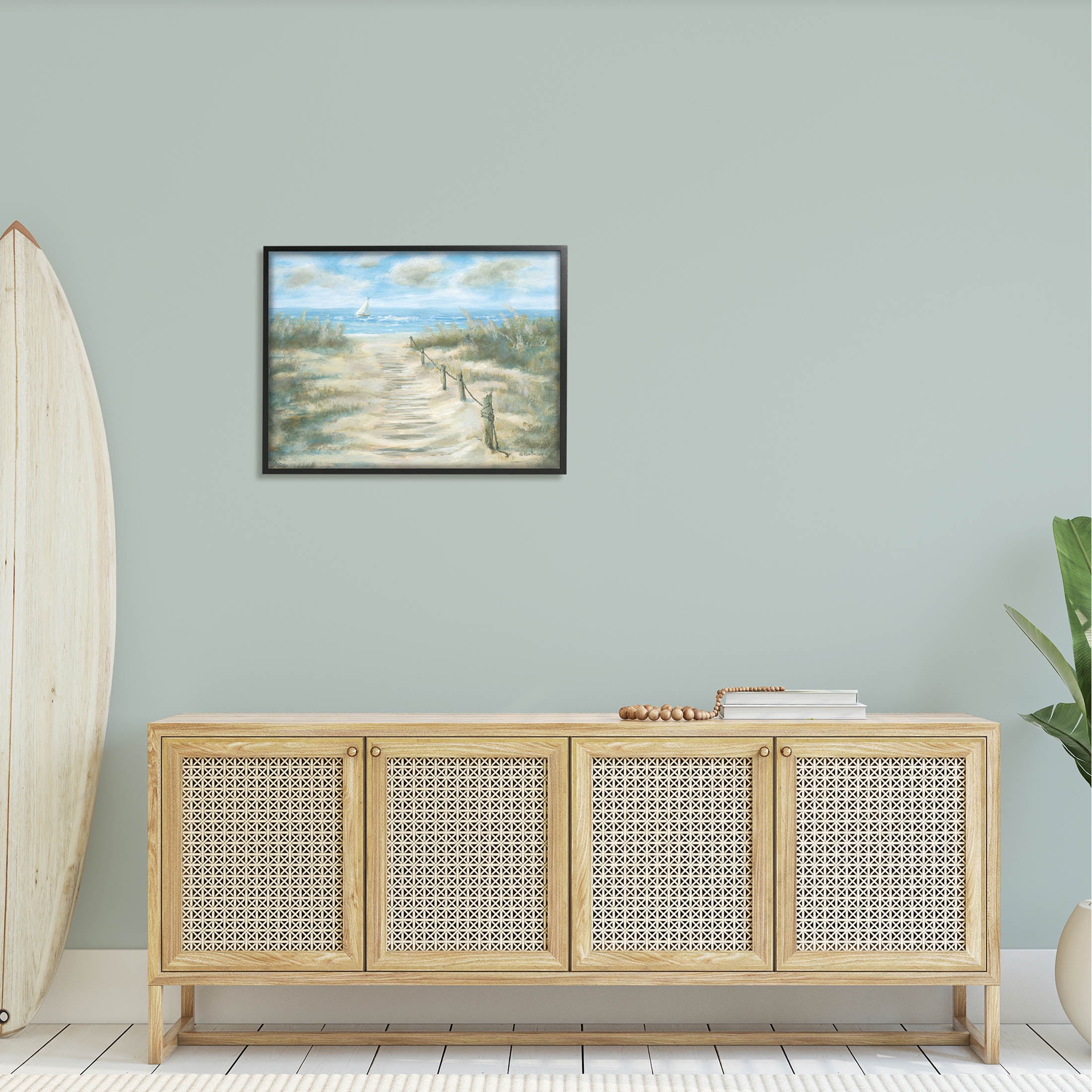 Ocean Shore Beach Boardwalk Coastal Painting Black Framed Art Print Wall Art