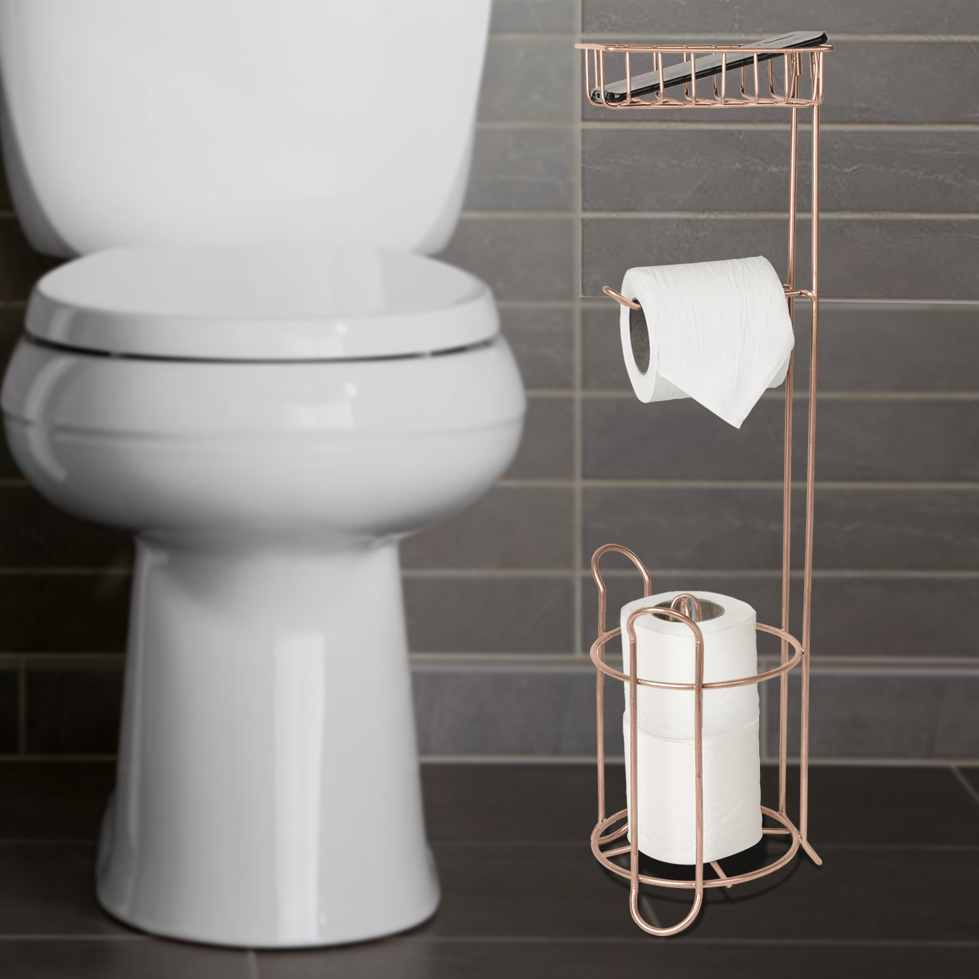 nu steel Freestanding Metal Wire Toilet Paper Holder Stand and Dispenser Shelf for Cell,Mobile Phone-Bathroom Storage Organization-Holds 3 Mega Rolls, Copper