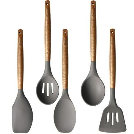 

Skycarper 5pcs Silicone Cooking Utensil Set Non-Stick Kitchen Utensil Set with Wooden Handle Turner Spatula Non-Toxic and Non-Stick Heat Resistant (Black)