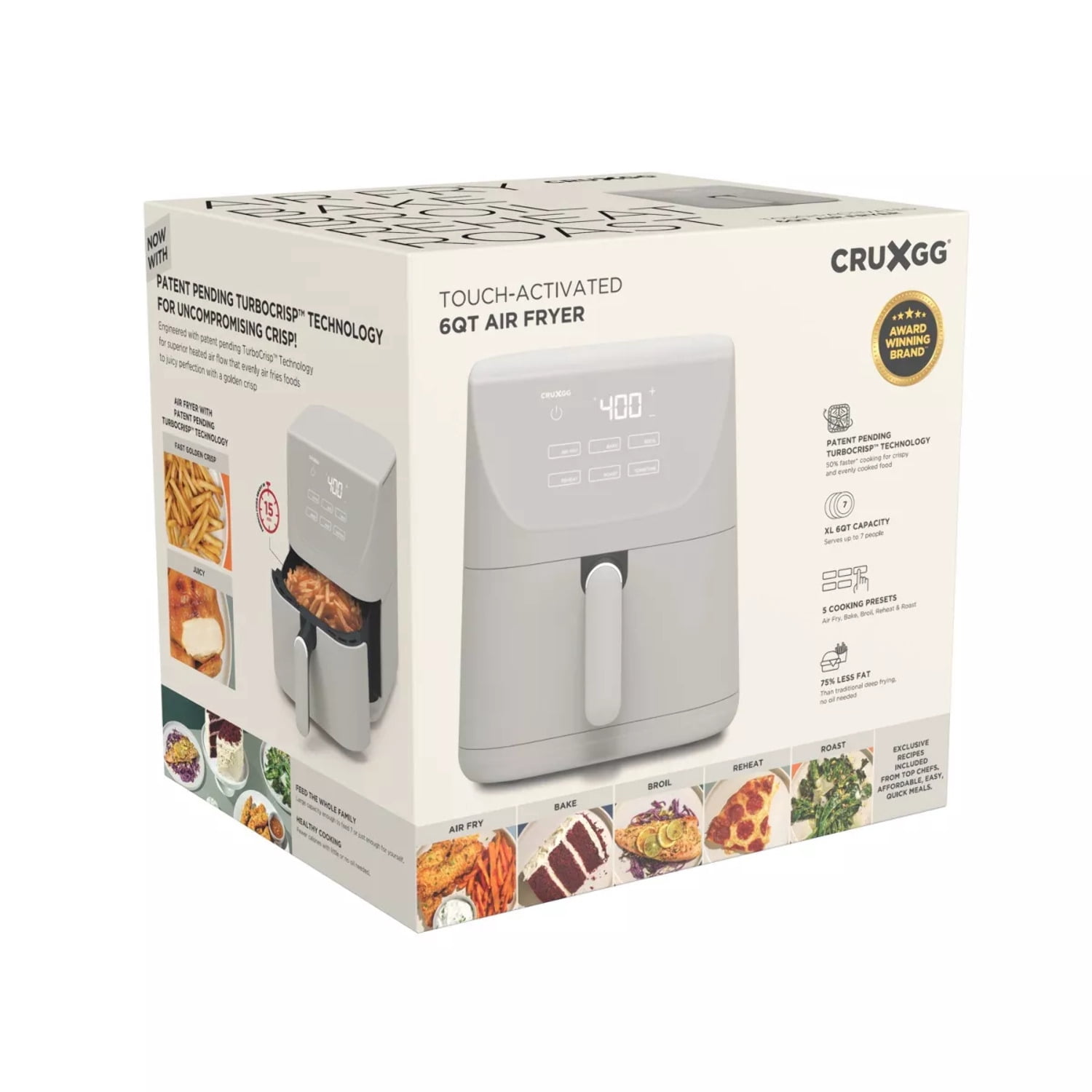 CRUXGG 6 qt Air Fryer, Gray-Touch Activated