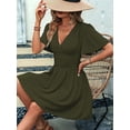 thumbnail image 6 of Women'S Ruched V Neck High Waist Casual Short Sleeve A-Line Dress Green S, 6 of 9