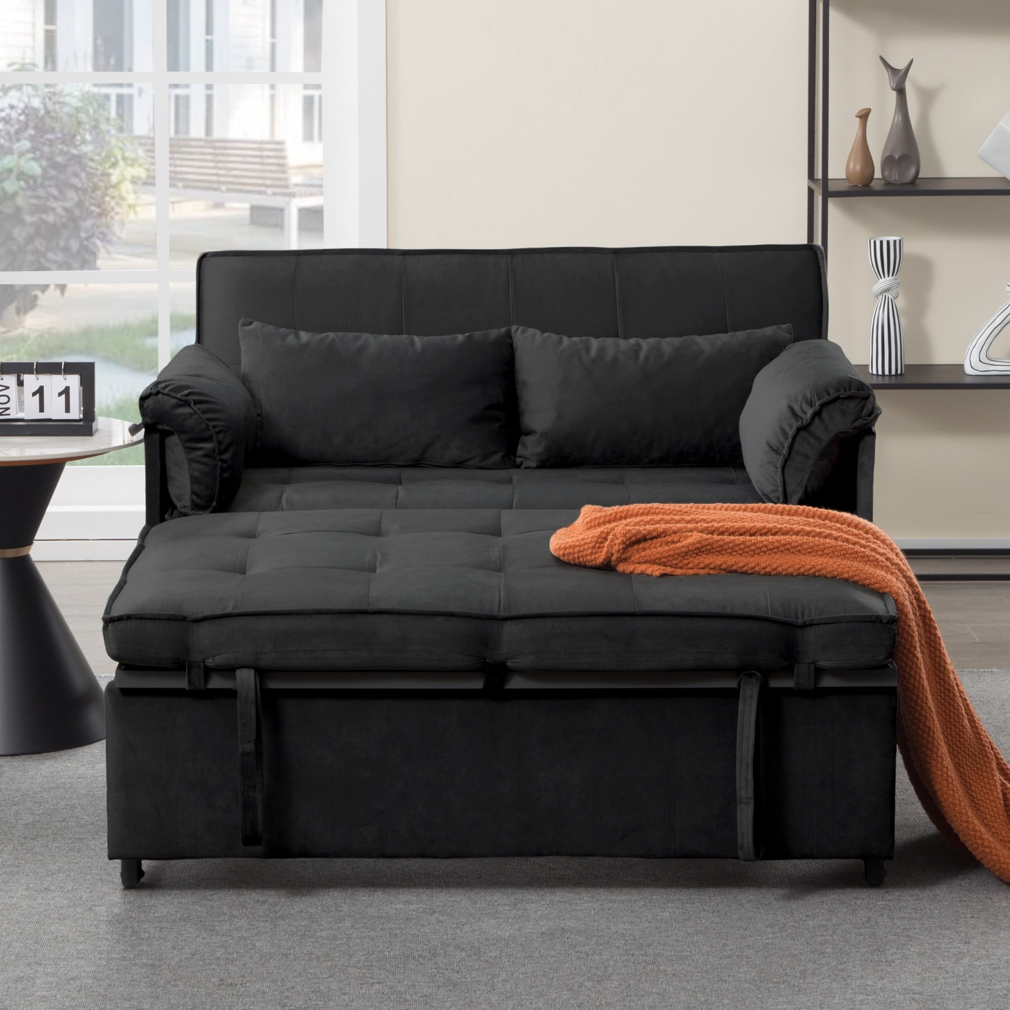 AENKYO 46" Velvet Pull-out Sleeper Sofa Bed, Convertible Reclining Loveseat with 2 Pillows for Small Spaces, Black