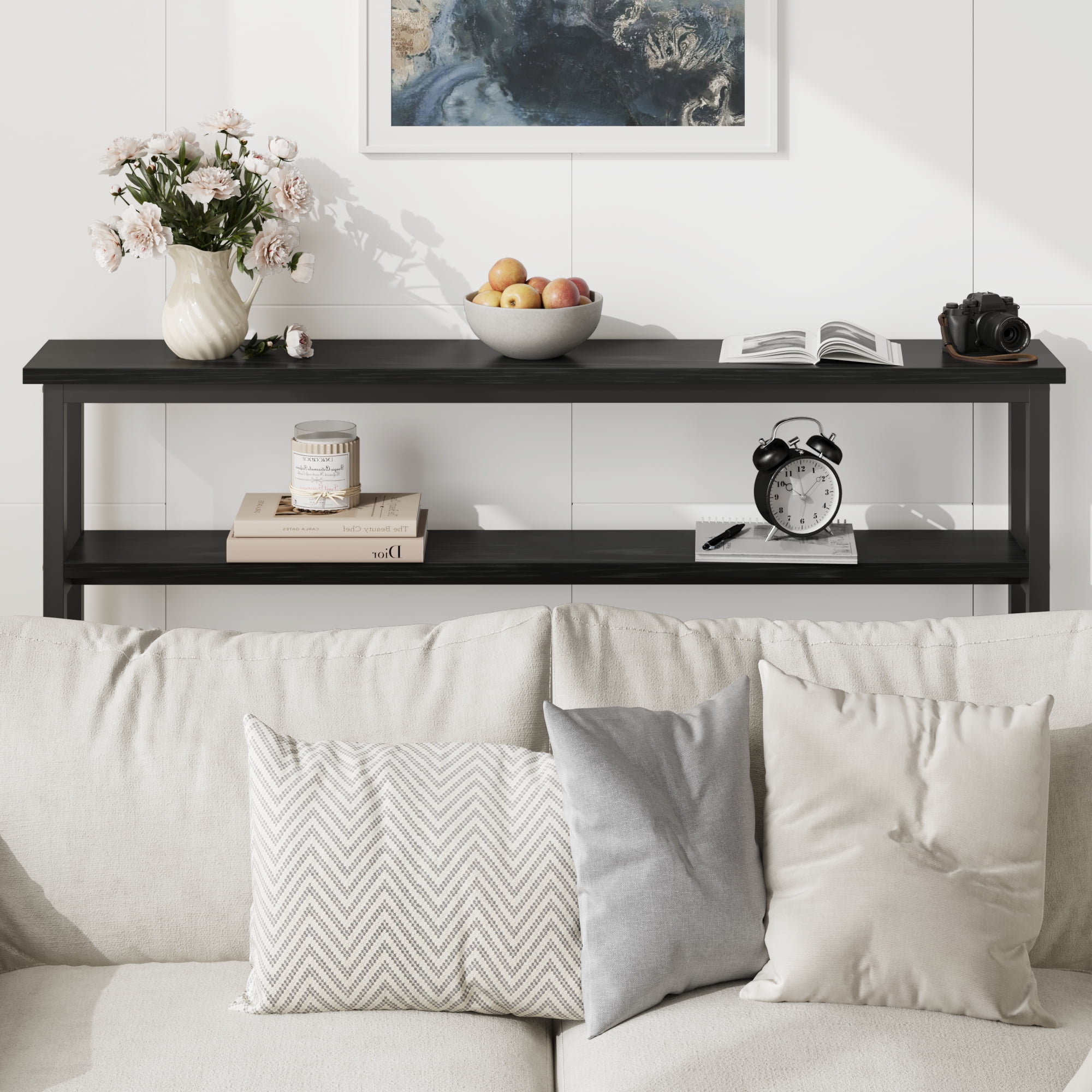 strundghti 5.9"W Wood Narrow Console Table, 2 Tier Skinny Behind Sofa Table with Adjustable Shelf