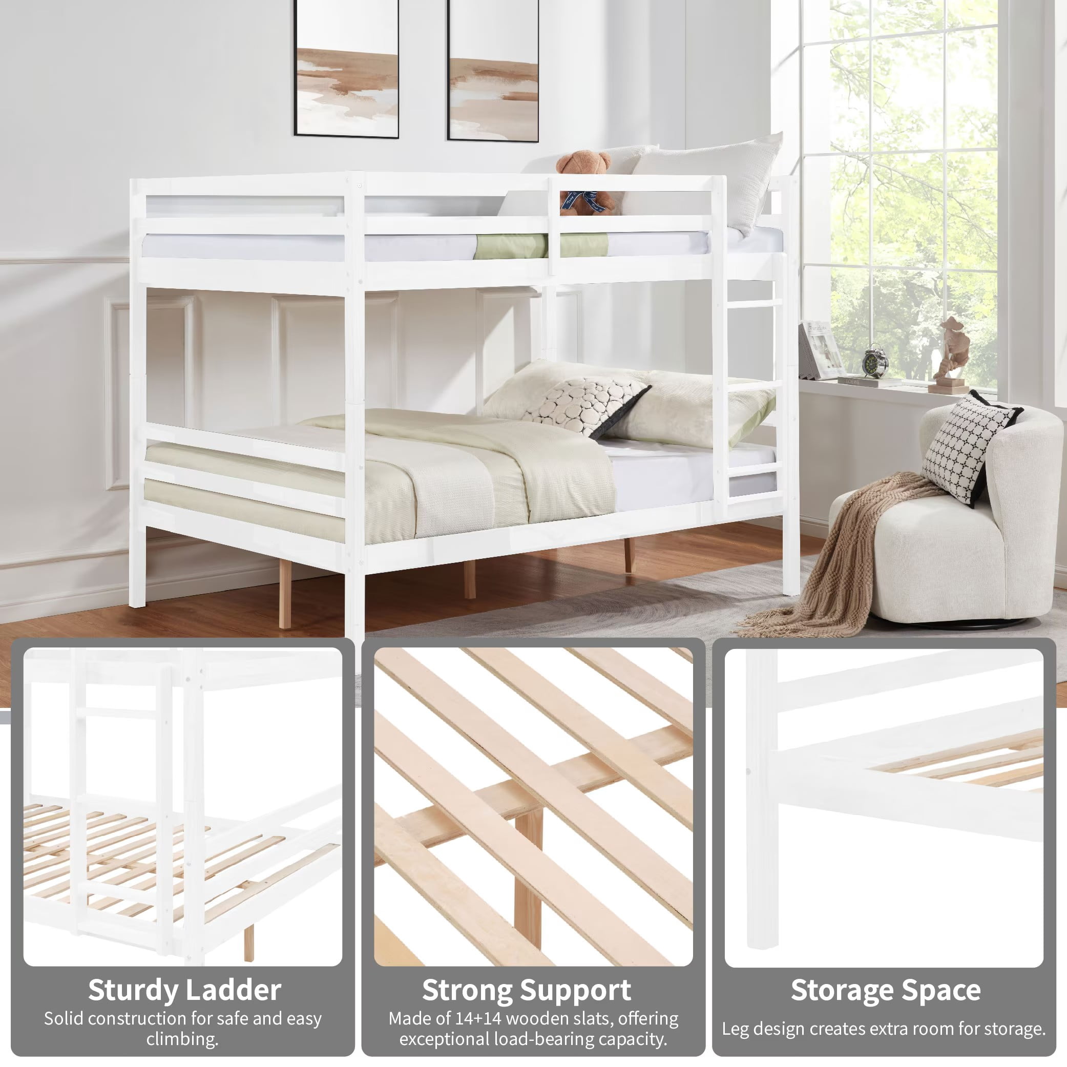 Full Over Full Bunk Bed, Solid Wood Bunk Bed Frame with High Guardrails and Ladder, Heavy Duty Wooden Slats, No Box Spring Needed for Kids, Teens, Guest Room, White