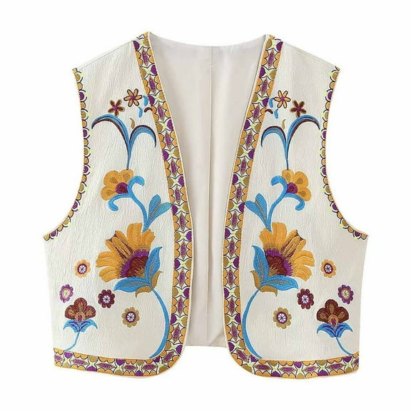 Aueoeo Women Open Front Crop Vests Ethnic Style Vintage Embroidered Floral Vests Top Sleeveless Boho Waistcoat Jacket