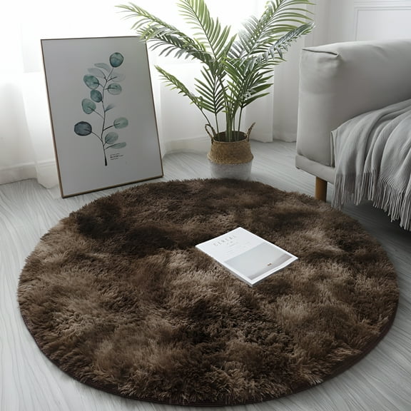 AUQ Circle Round Shaggy Rug Living Room Bedroom Carpet Floor Fluffy Mat Anti-Skid Brown