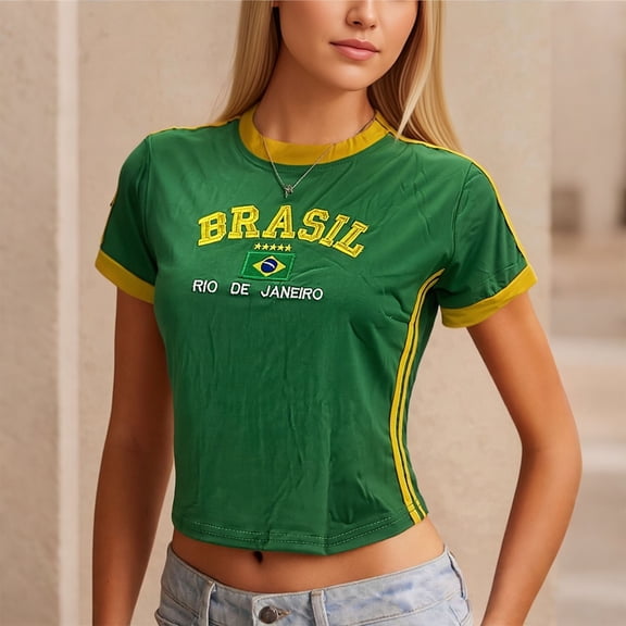 HOWPAY Brazil Soccer Shirt for Women Y2k Baby Tee Slim Fit Soccer T-Shirt Retro Crop Tops 2026 Summer Going Out Tees Dark Green M