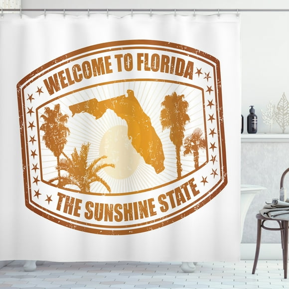 Ambesonne Florida Shower Curtain, Orange Travel Stamp, 69"Wx84"L, Orange Ginger and White
