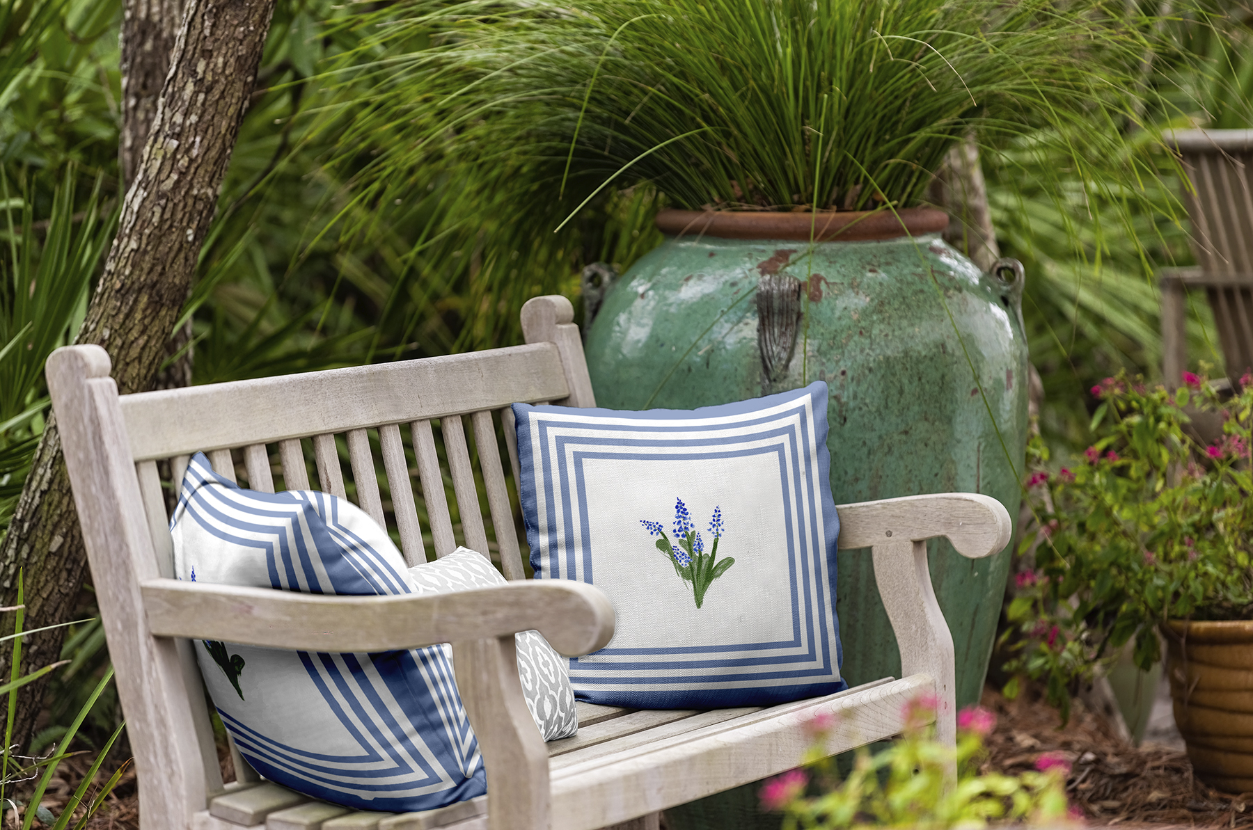 20" x 20" Simply Daisy Framed Bouquets Polyester Indoor/Outdoor Pillow, Cornflower Qty 1
