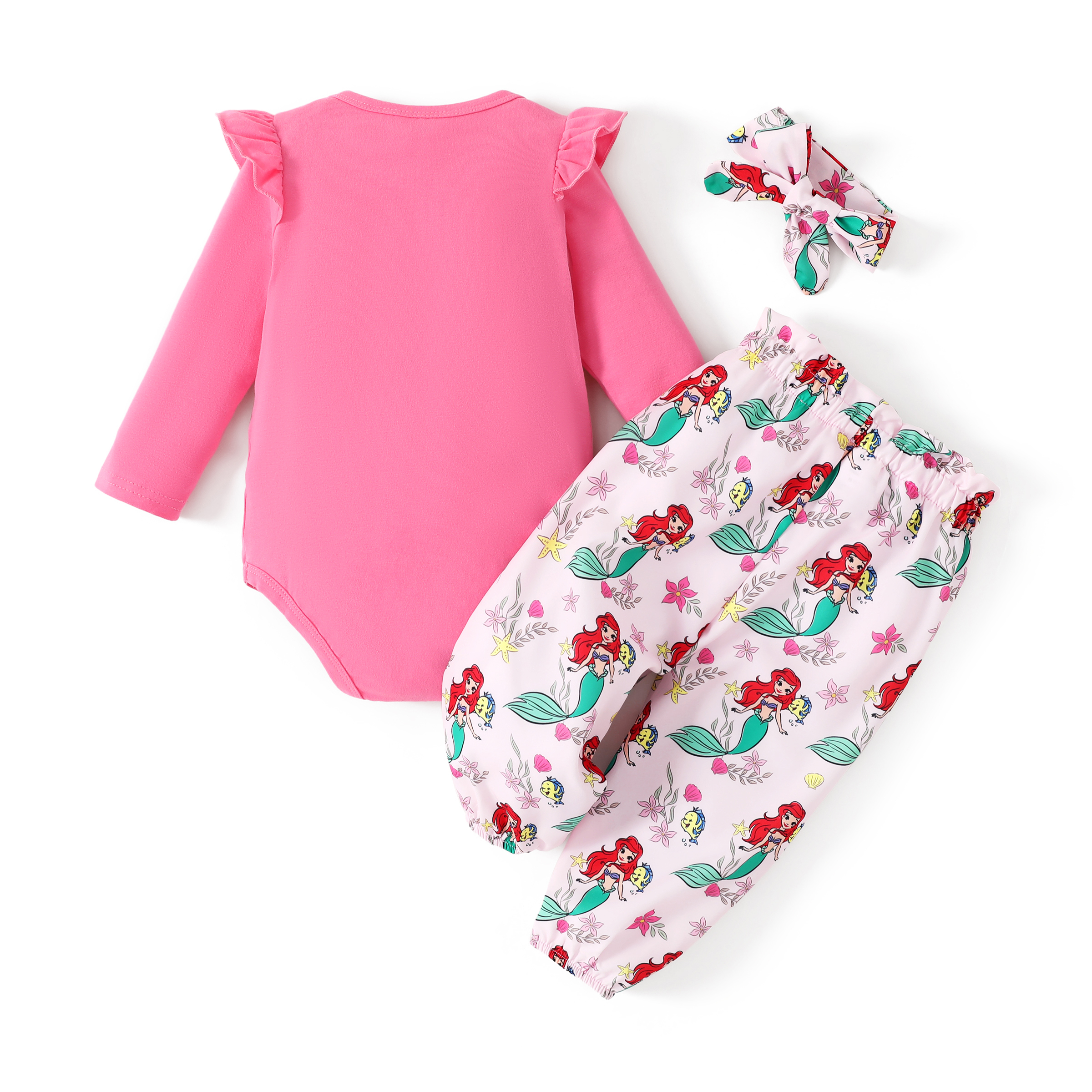 Disney Baby Clothes 3pcs Princess Ariel Graphic Romper Bodysuit Pants Outfit Set with Headband Shower Gifts Newborn Infant