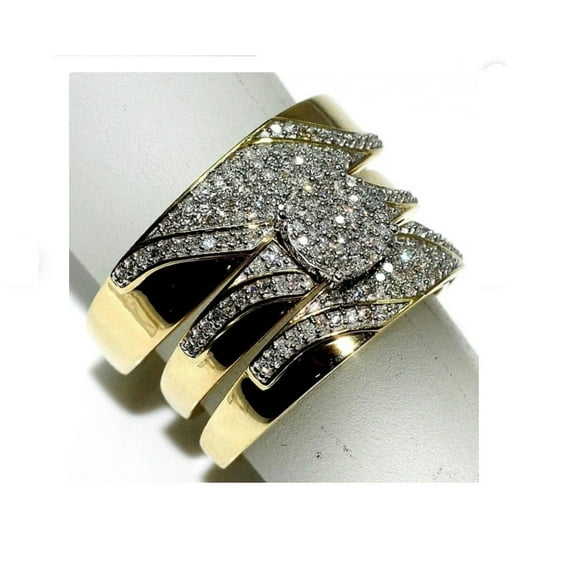 Silver & Stone Jewels Men's & Women's Round Cut Cubic Zirconia 14K Yellow Gold Finish Trio Ring Set