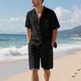 thumbnail image 2 of Men's Linen Cotton Short Sleeve Shirt and Drawstring Shorts Set Solid Color Casual Flip Collar Beach Vacation Travel Loungewear Outfits Modern Fashion Essential | AESTIVO,Black 2XL, 2 of 8