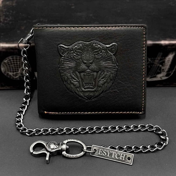 Real Leather Biker Wallet Tiger Card Holder Wallet With Chain for Mens or Boys