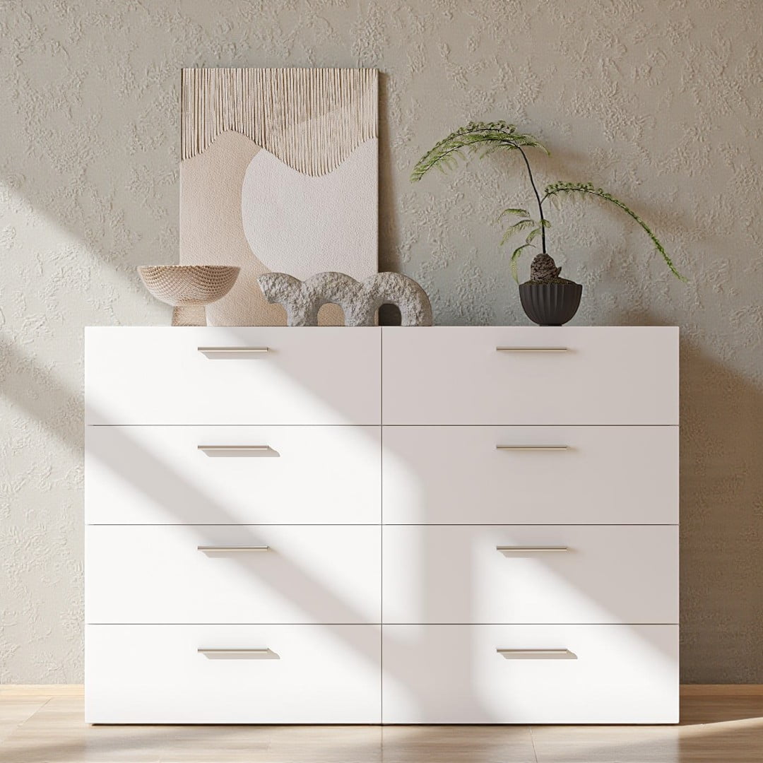Tcbosik 8-Drawer Wide Dresser, Modern White Storage Chest with Large Drawers, Easy Assembly for Bedroom & Living Room, 47.24"L x 15.75"W x 32.28"H