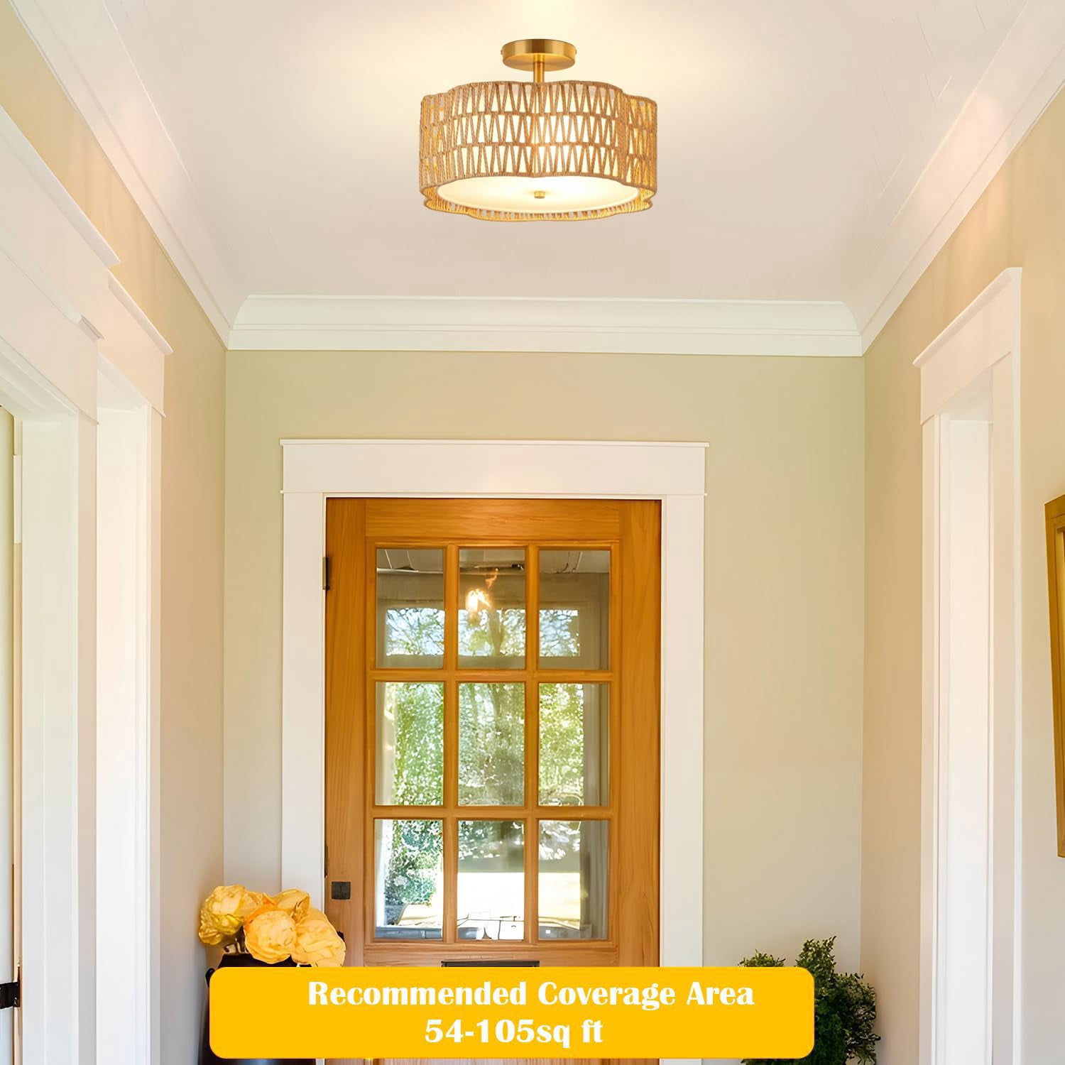 3-Light  Boho Light Fixtures Flush Mount, Rattan Ceiling Light Fixtures Flush Mount Gold for Bedroom, Flower-Shaped Close to Ceiling Light Fixture for Hallway Kitchen