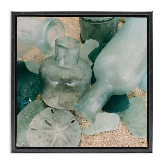 Stupell Industries Coastal Nautical Glass Bottles Black Floating Frame Canvas Art, 18 x 18, by Graffitee Studios