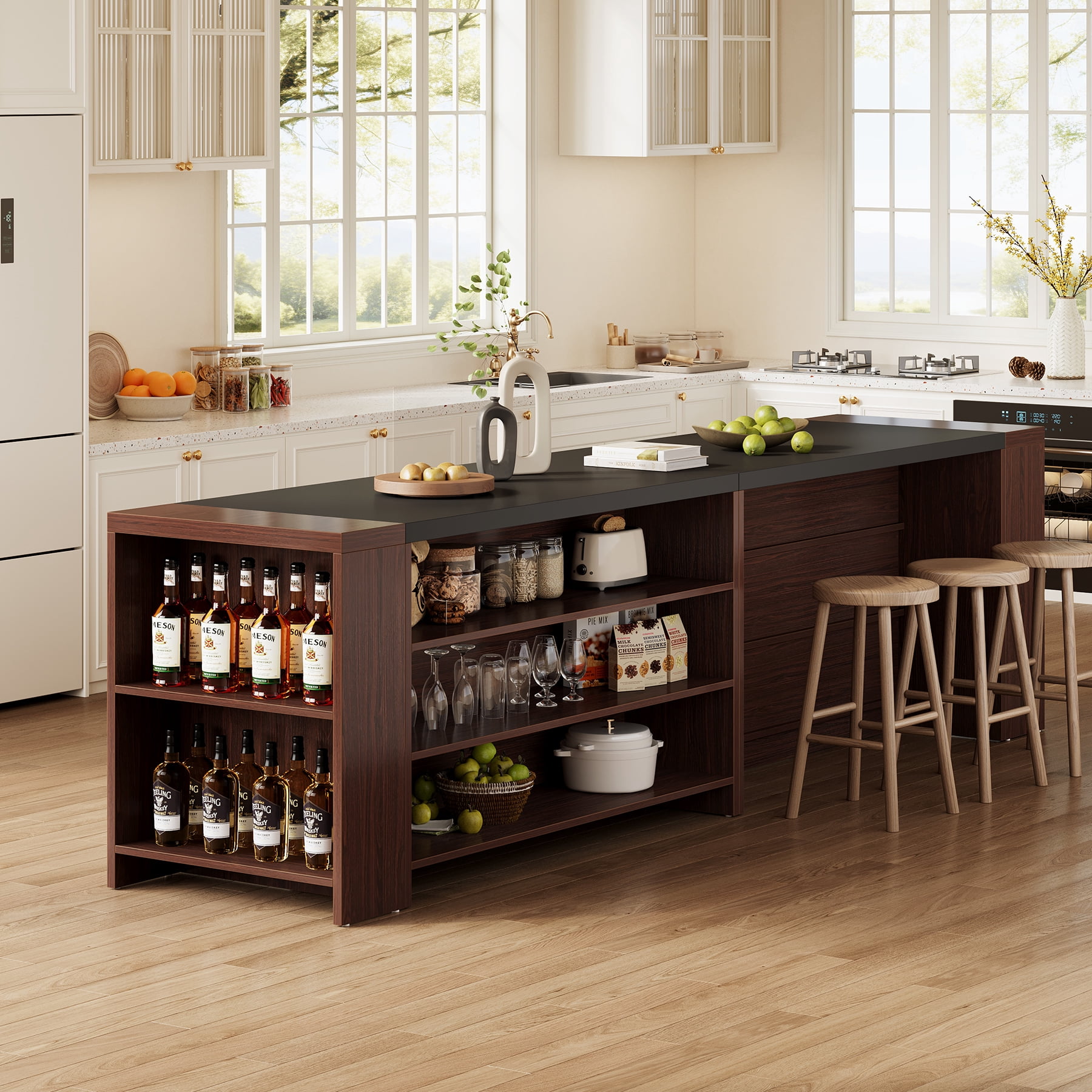 Fnova 55" Kitchen Island with 5 Shelves, Farmhouse Stationary Island Table, Large Stationary Storage Cabinet for Kitchen Dining Room, Dark Brown