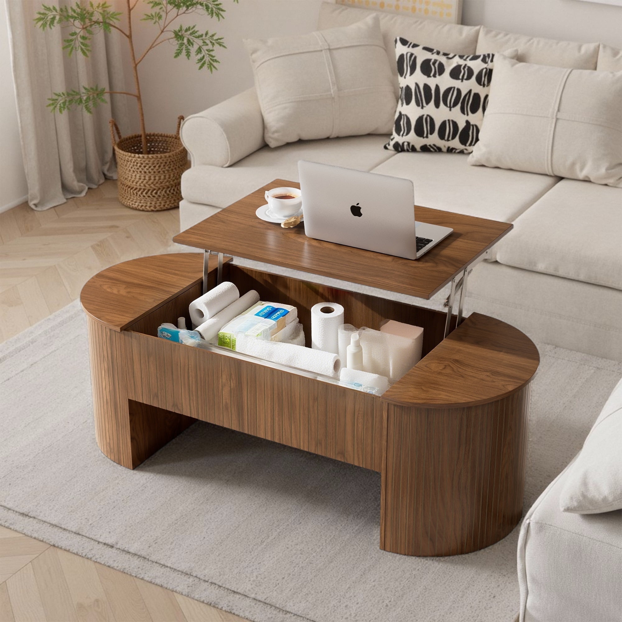 Oubayajia Fluted Coffee Table with Lifting Top and Hidden Storage, Mid Century Modern Coffee Table for Living Room, Office, Walnut