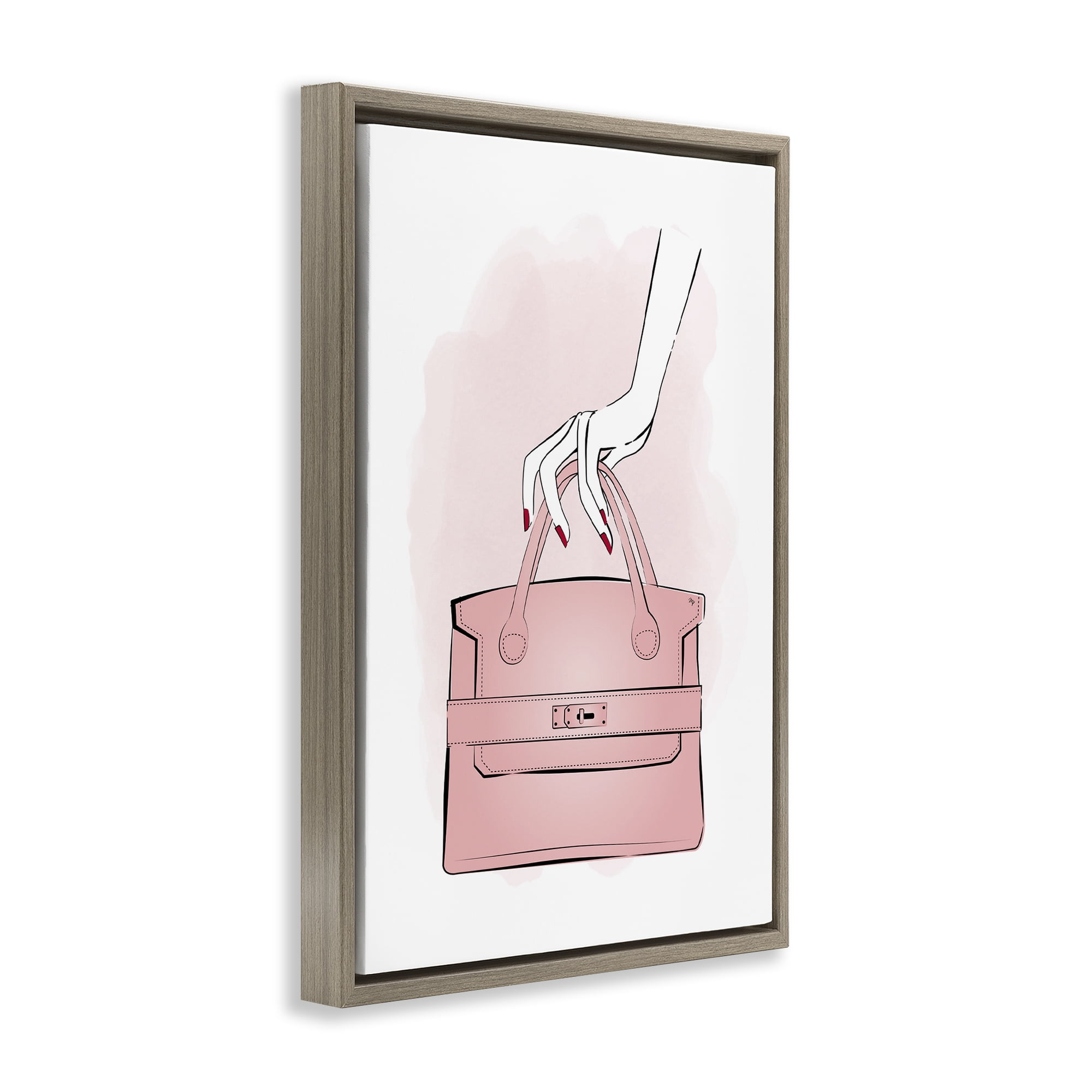 Stupell Industries Holding Pink Purse Beauty & Fashion Painting Brown Floater Framed Art Print Wall Art, 21 x 31