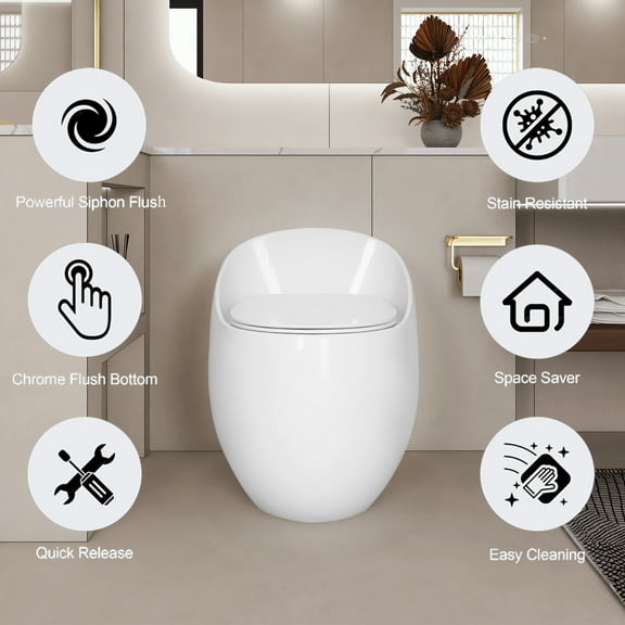 1-Piece 1.28 GPF Single Flush Egg Shape Toilet in Glossy White
