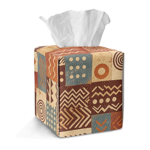FKELYI Tissue Box Cover PU Leather Retro Art Plaid Print Squared Tissue Holder Organizer for Home Office Bathroom Decor, Snap Button Design