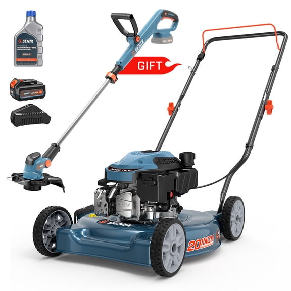 SENIX 144cc 20" Gas Push Lawn Mower，Gift Includes 20V Battery Weed Eater Grass Trimmer，2.5Ah Battery