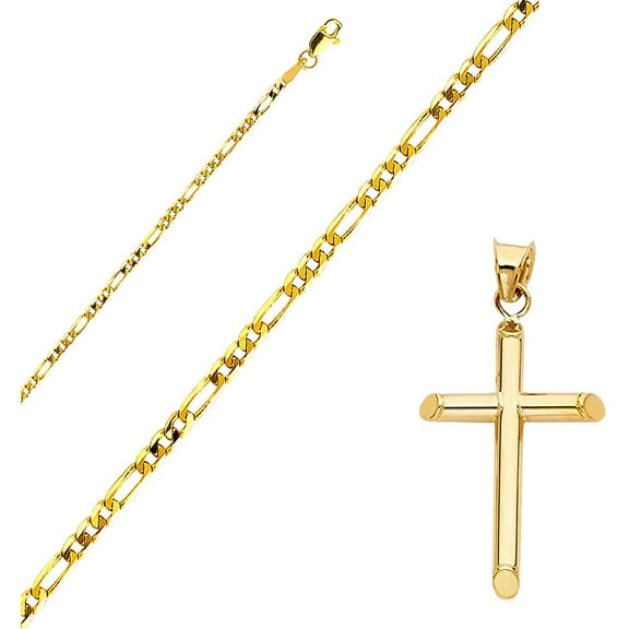 Solid 14K Gold Figaro Chain Cross Pendant Necklace - Choose Length 16" to 22" (Figaro - 2.3 mm, 24.0 Inches)