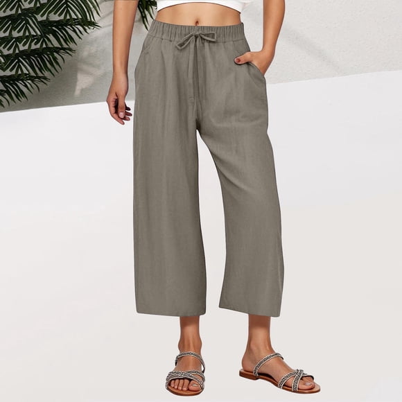 BLCHUNen Cropped Pants for Women Lightweight Loose Breathable Drawstring Elastic Waist Casual Outdoor Beach Summer Pants