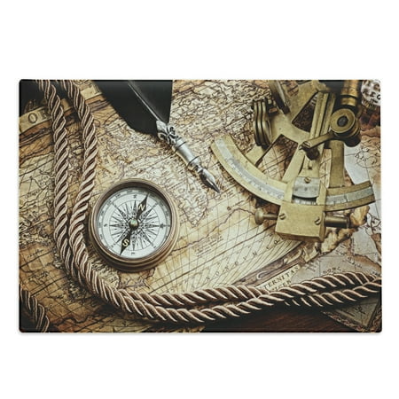 

Compass Cutting Board Vintage Navigation Voyage Theme Lifestyle Image with Sextant and Compass Discovery Tools Decorative Tempered Glass Cutting and Serving Board Large Size Cream by Ambesonne