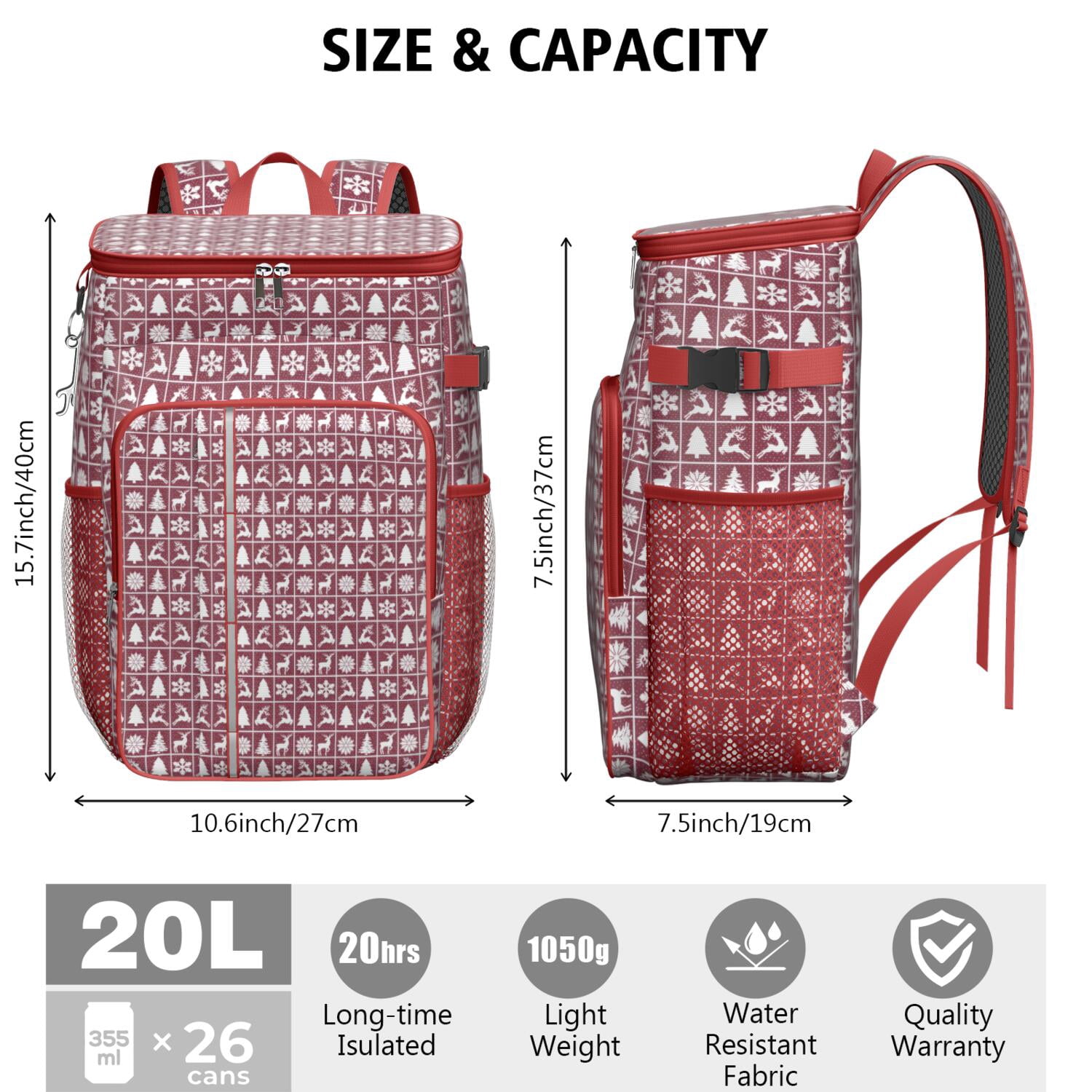Travel Cooler Bag - Red Christmas Deer and Tree Pattern Camping Beer Cooler Backpack with Bottle Opener- Waterproof Insulated Picnic Backpacks - Cooler Bag for Beach