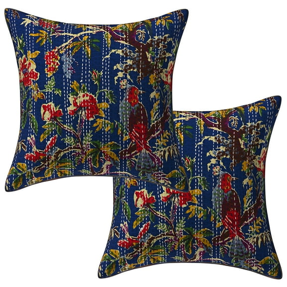 Stylo Culture Indian Couch Throw Pillow Covers 16 x 16 Kantha Dark Blue Printed 40x40 cm Living Room Toss Pillow Case Cotton Bird Square Cushion Covers | Set Of 2