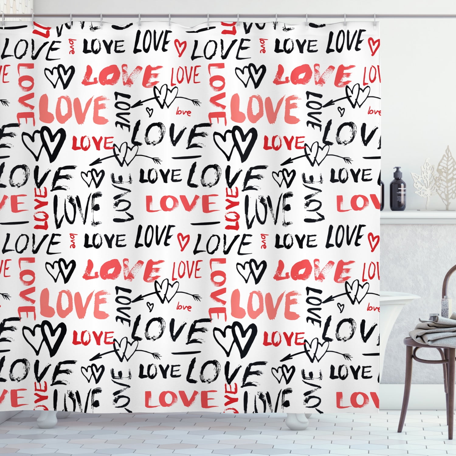 Valentines Shower Curtain, Hand Drawn Love Lettering Doodle Style Design with Brush Stroke Effect, Fabric Bathroom Set with Hooks, 69W X 70L Inches, Black Red White, by Ambesonne