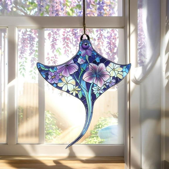 Floral Stingray Wavy Acrylic Suncatcher Window Hanging, Wavy Acrylic Look Ocean Decor, Summer Sea Life Ornament Gift For Mom Or Beach Lovers