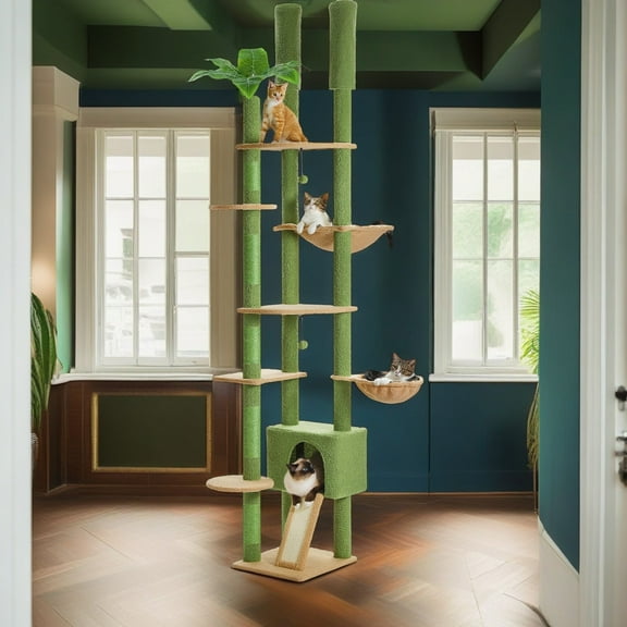 Pefilos Floor to Ceiling Cat Tree Tower Ajustable Height (90.5''~100.4'') 6 Tiers Cactus Cat Tree House with Cat Condo Hammock and Sisal Covered Post for Indoor Cats, Green