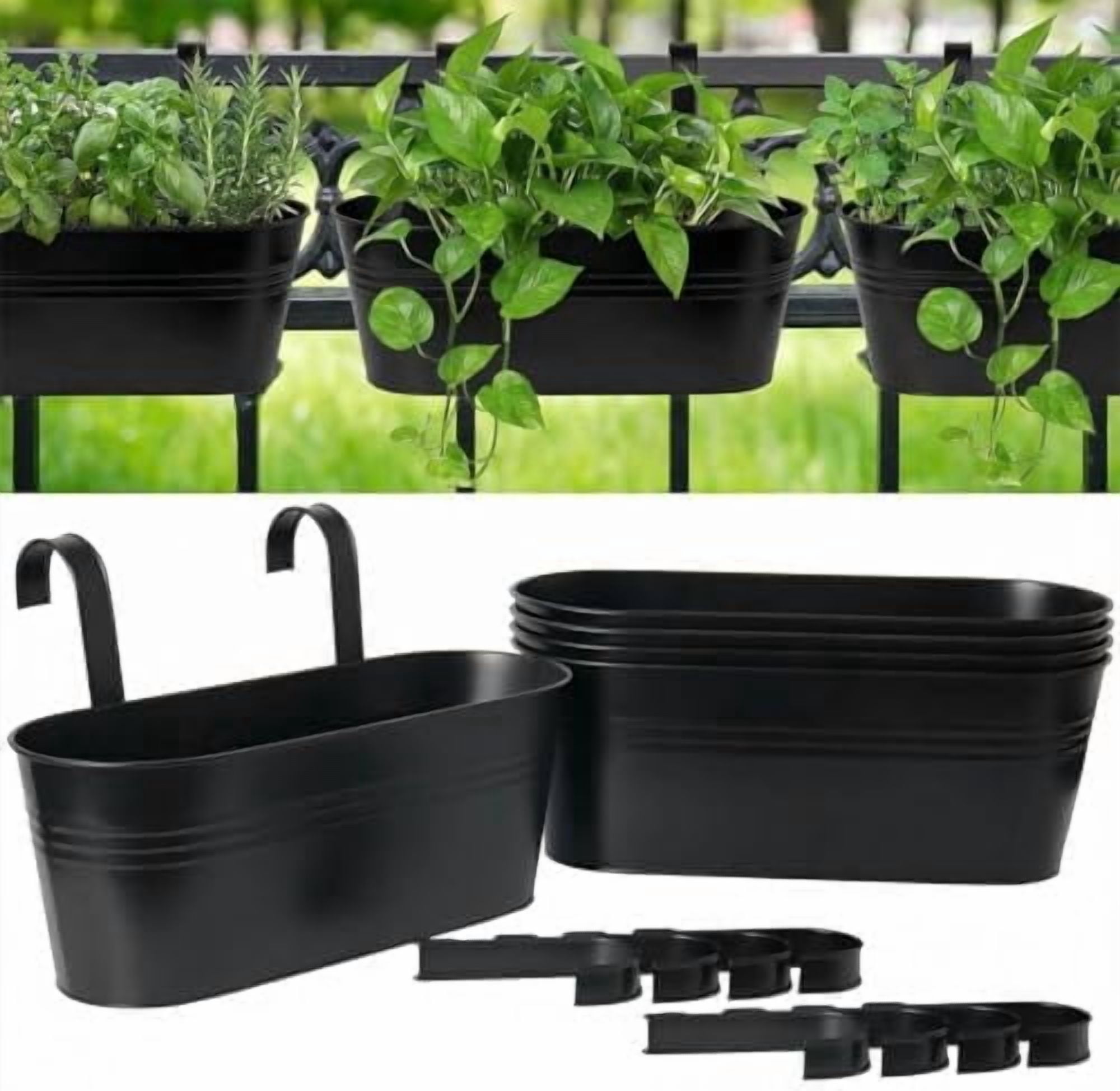 RibRave 16" Metal Railing Planters for Outdoor Plants, 5 Pcs Large Hanging Flower Pots with Detachable Hooks & Drain Holes, Oval Balcony Fence Planter Baskets for Herbs & Succulents, Black